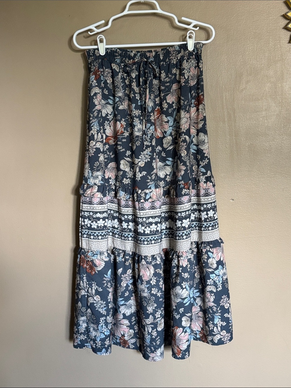Sienna Sky Navy Floral Tiered Maxi Skirt with Pink and Cream Accents